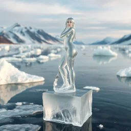in a frozen sea with pretty mountains a full lady ice statue in artist pose standing over a ice block looking at camera, of clear glass like ice that going to melt and water drops fall from all body.