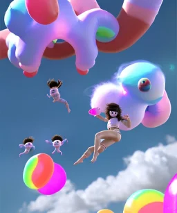 Ultra realistic speed clouds sky scene, wide angle view, sweet childs falling down, inflatable color clothing, free jumping flying, many trinkets, monster head, hair monster, many jelly beans, balls, color smoke, smile, happy, circus style, extreme, wind, clouds sea, 20,000 feet altitude, stratosphere, soft color, highly detailed, unreal engine 5, ray tracing, RTX, lumen lighting, ultra detail, volumetric lighting, 3d, finely drawn, high definition, high resolution.