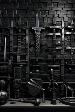 dark stone wall with victorian pistols, swords, crossbows, armour
