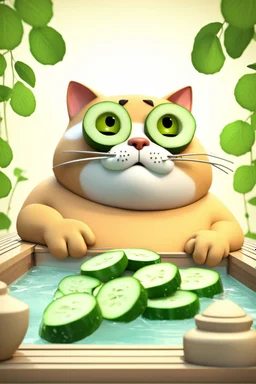 A fat cat getting a message in a spa, with cucumbers on eyes, relaxing,3d animation ,funny