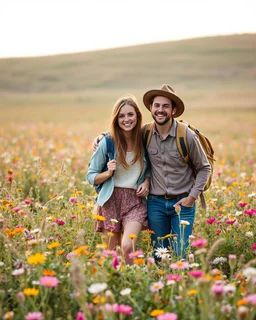 young sweet couple bagpacker adventurer fashion style happy walking and smiling in Realistic photography of a field of wildflowers, soft natural lighting, vibrant colors, intricate details,peaceful and serene atmosphere.