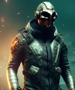 A badass wearing a broken mask, full body, atmospheric, realistic, unreal engine, cinematic lighting, octane render.