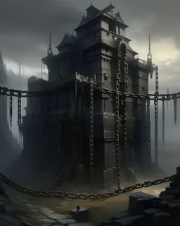 A black fortress with a dungeon filled with chains painted by Karl Wiener