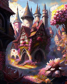 medieval fantasy castle town with flowers rpg art