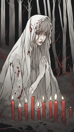 girl alone wearing lace veil with blood on it praying in the forest in the dark.cinematic.candles all around her