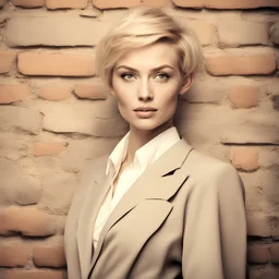 elegant fashionable woman with short blond hair, wrinkles and pores are clearly visible on her face, waist-length portrait, against an old brick wall, during the day, fashion photography, HDR, Polaroid film