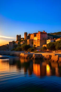 Paisaje de un pueblo mediterraneo catalán, vista panoramica, al atardecer, cuenta con una bahia y en la punta de ella un castillo del siglo 14 iluminandose, el agua del mar es color azul intenso, y las calles empedradas y estrechas, se encuentran sobre la bahia restaurantes de gran nivel y casas de tejas rojas.