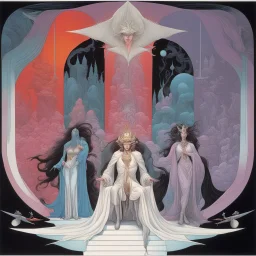 Trade-offs of the Intangible Queens court dreamscape, expansive asymmetry, neo surrealism, by Derek Riggs, by Gerald Scarfe, liquid color ink illustration, dark brooding colors, color pop.