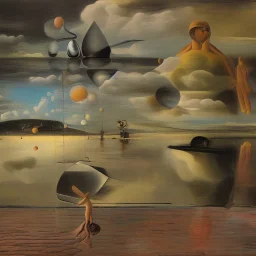 dusk landscape with lake,boat and human body, universe-like Soap Bubble,complex surgical instruments mixed with human body-like musical instruments,minimalism,Painting By Adrian Ghenie, Rene Magritte, Basquiat ,Salvador Dali, Lucian Freud, Jan Van Eyck