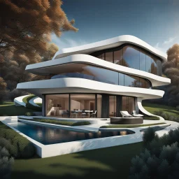 Casa campestre estilo Zaha Hadid, Pintura al óleo, calidad ultra, hiperdetallado, obra de arte, 8k, 3d, cuerpo completo