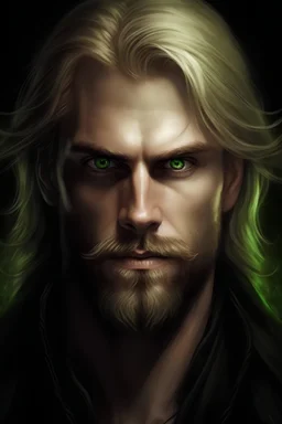 front page picture for dark fantasy / paranormal romance. A man with blond hair and beard. Demon hunter. handsome. I want him to have green eyes. I want him to look about 30 years old