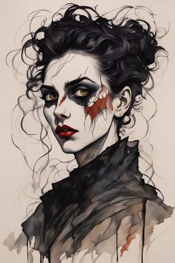 Portrait of a Goth vampire girl, with highly detailed hair and facial features in the Expressionist style of Egon Schiele, Oskar Kokoschka, and Franz Marc, with fine ink outlining and muted natural colors