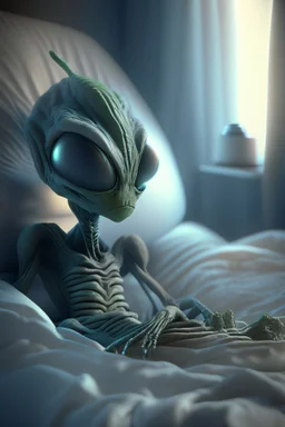Alien sitting in bed, HD, octane render, 8k resolution