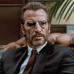 muscular Hans Gruber from the movie Die Hard, dark sunglasses