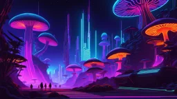 "Cyberpunk space fantasy, islands linked by neon mycelium, futuristic mushroom structures, holographic displays, vibrant neon colors, dark background. Style of Syd Mead, 8k."