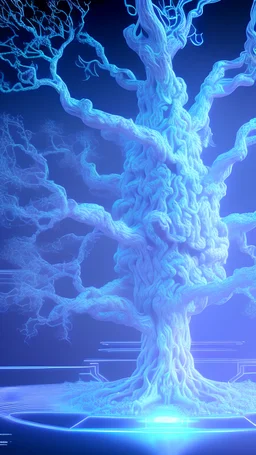 Generate a cyber-themed wallpaper featuring a futuristic tree of Yggdrasil. The tree should be depicted as a network of circuit lines and nodes resembling branches and leaves. The colors of the tree should be sky blue hues coupled with electric blue highlights, to create a unique yet appealing hacking vibe. The background of the wallpaper should be mostly dark to accentuate the cool blue tones of it. The overall aesthetic should be modern, while paying homage to traditional roots of Yggdrasil.