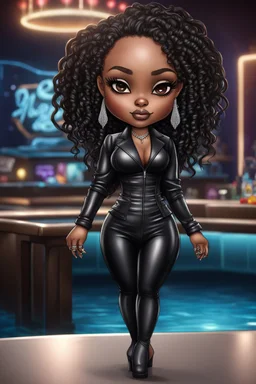 Create a digital airbrush chibi cartoon of a black curvy female wearing a black leather suit with black heels. Prominent make up with brown eyes. Highly detail black shiny locs that flow down her back. Extra-long diamond hoop earrings and jewelry. Background of a night club with a pool table behind her