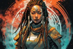 front facing portrait illustration of a grunge armored female , beaded dreadlock hair, cyberpunk vampire mercenary wearing an ancient ornate japanese kitsune mask , and shemagh, highly detailed with gritty post apocalyptic textures, caught in a cosmic maelstrom of swirling gases , finely detailed facial features and hair, in the graphic novel style of Bill Sienkiewicz, and Jean Giraud Moebius, ink wash and watercolor with realistic light and shadow