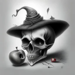 Realistic drawing of a Skull with a Witch hat, Skull has ghost eyes and is eating from a poison apple.