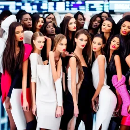 photo of a group of beautiful models wearing high fashion clothes posing and smiling on the dow jones trading floor, bankers busy working in the background, big smile, balenciaga, yeezy season, photorealistic photography, colourful, high contrast, in an office, dow jones, trading floor, fashion photography, high resolution, 8k, moody, hard light, gen z, wide angle lens