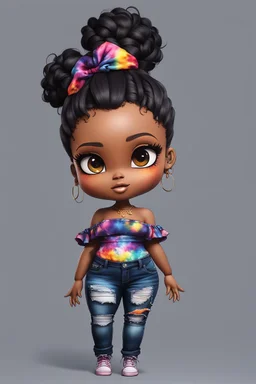 create a colorful abstract digital art image 8k of a chibi curvy black female wearing torn jeans pants and a black-tie dye off the shoulder blouse. Prominent make up with hazel eyes. Highly detailed high bun in her hair