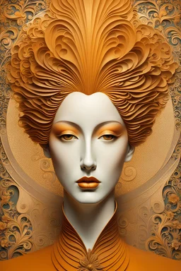Masterpiece, full head on image, full image, Abstract, In the style of Aubrey Beardsley, Naoto Hattori, jean cocteau, accent soft color orange Masterpiece