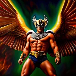 Ultra detailed fullbody Portrait in oil on canvas of Hawkman ,intense stare,extremely detailed digital painting, extremely detailed face,crystal clear Big eyes, mystical colors ,perfectly centered image, perfect composition, rim light, beautiful lighting,masterpiece,8k, stunning scene, raytracing, anatomically correct, in the style of robert e howard and Ken Kelley and Ohrai Noriyoshi and Simon Bisley and tomzj1