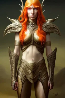 painting of an elven young woman with short light orange hair and freckles and tree tattoos on his cheekbones light armor, full body, ultra realistic, concept art, intricate details, eerie, highly detailed, photorealistic, octane render, 8 k, unreal engine. art by artgerm and greg rutkowski and charlie bowater and magali villeneuve and alphonse mucha