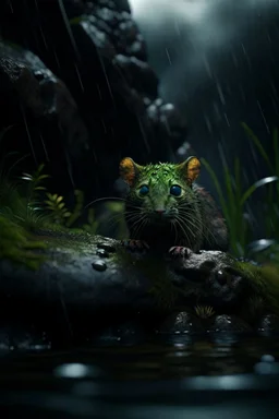 rat cat through dark clouds, portrait in weird angle of huge rock giant crying a waterfall in front of rock column on bumpy road in moist swamp planet , photo-realistic, shot on Hasselblad h6d-400c, zeiss prime lens, bokeh like f/0.8, tilt-shift lens 8k, high detail, smooth render, down-light, unreal eng