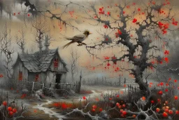 arafed whimsical folk art: post-apocalyptic grey tones, serene overgrown landscape at dawn, end of humanity, wild plum trees, tremulous white blossoms, soft mist, gentle rain, a (((vibrant robin))) with glowing fiery red feathers perched on a rusted low fence-wire in the foreground, swallows circling, damp dark earth, abandoned decaying wooden posts fading, soft ethereal dawn, pastel tones, scarce fiery red tint, heavy rust vibe, scrap metal vibe