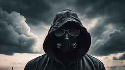 A Man In A Black Protective Mask Hat Dark Glasses And A Hood Against A Dramatic Sky The Concept Of Impending Danger Epidemic Pandemic Apocalypse