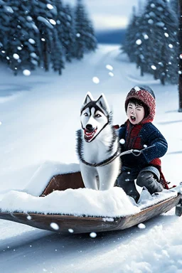 niño y niña viajan en un trineo tirado por un husky por un paisaje nevado