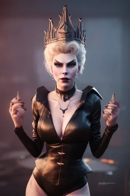 Hannah Waddingham as evil queen in black leather, busty, cleavage, voluptous, rebecca Welton, angry, stern look. character design by cory loftis, fenghua zhong, ryohei hase, ismail inceoglu and ruan jia. unreal engine 5, artistic lighting, highly detailed, photorealistic, fantasy