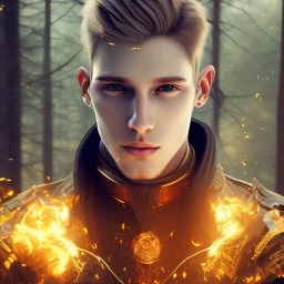 Male, Human, Blond, Sorcerer, Fire Mage, Golden Eyes, Young, Photorealism, Full Body Shot, Forest Background