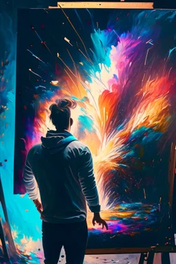 A artist is looking at his canvas painting, the painting is exploding towards him with memories and images that was painted, abstract, weird,8 k, , high quality