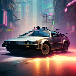 cyberpunk army DeLorean, cyberpunk 2077, center composition, ultra realistic, shiny, smooth, studio quality, octane render, Surrealism, Triadic colour scheme, glow-stick, god rays, ambient lighting, nightclub lighting, polaroid, 100mm, --ar 1:1 --v4