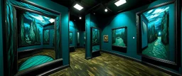 A blackish teal realm with copied mirrors painted by Vincent van Gogh