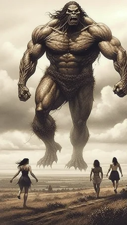 Giant Nephilims taken women other women are running away from the giant Nephilimv