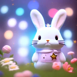 Sanrio, Cute Kawaii Bunny,fluffy, sparkling stars bodypaint, dreamy garden, photorealistic painting, sharp focus, 8k, perfect composition, trending on artstation, award-winning photograph, unreal engine 5, cinematic smooth, intricate detail