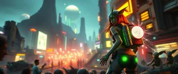 cyberpunk space city, in valley, close up on A space pirate rogue girl with disco ball rocket shooting sparks backpack named Daisy started doing the splits, Blew a fuse in his hips and short-circuited his bits, The Martian fluffy gremlins went wild, the Plutonians dogs screamed, Even black-and-white aliens turned ultraviolet green! in the style of fallout 4 and HR Giger, background motion blur , and volume fog spot lights
