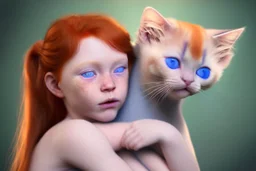 young red haired child with blue eyes lovingly cradles a regal blue eyed Siamese kitten in her arms, the two of them exuding an air of peace and grace. Modifiers: Award winning photography fantasy oil on canvas photorealistic very attractive dynamic lighting fantastic view ultra detailed cinematic postprocessing VRay neon Iridescent aesthetically perfect facial features Tesselated