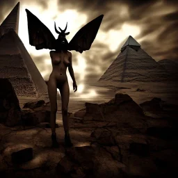 A portrait post-apocalypse of Baphomet ,pyramid,sin city,sci-fi fantasy style, volumetric lighting, particales,highly detailed,cinamatic,8k,3D,fire and black deep colours,ignore NSFW , realistic, sharp,ethereal , transgender ,beauty , ghost , paranormal,