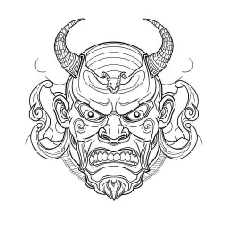 White, minimalis line art , oni mask japanes , vector, white background, outline, with images neatly contained within the background, just black and white color,