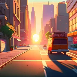 empty vampire city street morning sun is rising and starting to appear above sky scrapers cartoon, street tarmac is one whole piece and van selling fruit and vegetables is on the street and exhaust coming from the rear