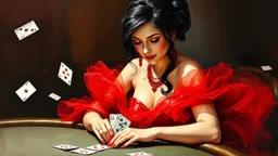 impressionist oil painting smooth brush strokes "head and shoulder" beautiful woman sitting at poker table elegant red tulle and shiny dress, red jewelry black hair in a bun, big hanging curls, slight smile, eyes downcast, long eyelashes cards in hand dark background other small cards flying around her some deteriorating grainy noise falling particles, backlight