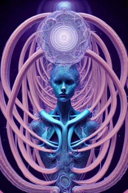 Spiritual being with Tentacles over human Head creating reality around, wrapping Spiral around Human, Psychedelic