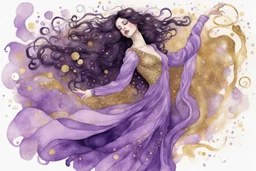 Dynamically dancing long haired brunette woman, in Klimt style, in lilac, watercolor and ink, golden glitters