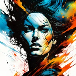 create an abstract portrait illustration of a female face in the process of severe explosive disintegration , highly detailed , in the comic art style of FRANK MILLER and BILL SIENKIEWICZ, searing lines and forceful strokes, precisely drawn, boldly inked, with gritty textures, vibrant colors, dramatic otherworldly lighting