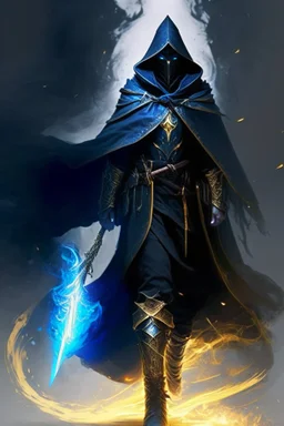 A commander with a black cloak and a long coat with long combat boots and a long spear with his Helmet is golden under his cloak like assasins With a magical power in his hand and a white anklet and boots With blue flame eyes