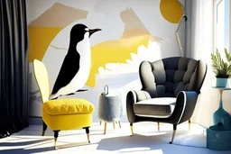 human feet decorated wallpaper in the background and a penguin shaped and penguin coloured (black and white) armchair in a modern room in sunshine